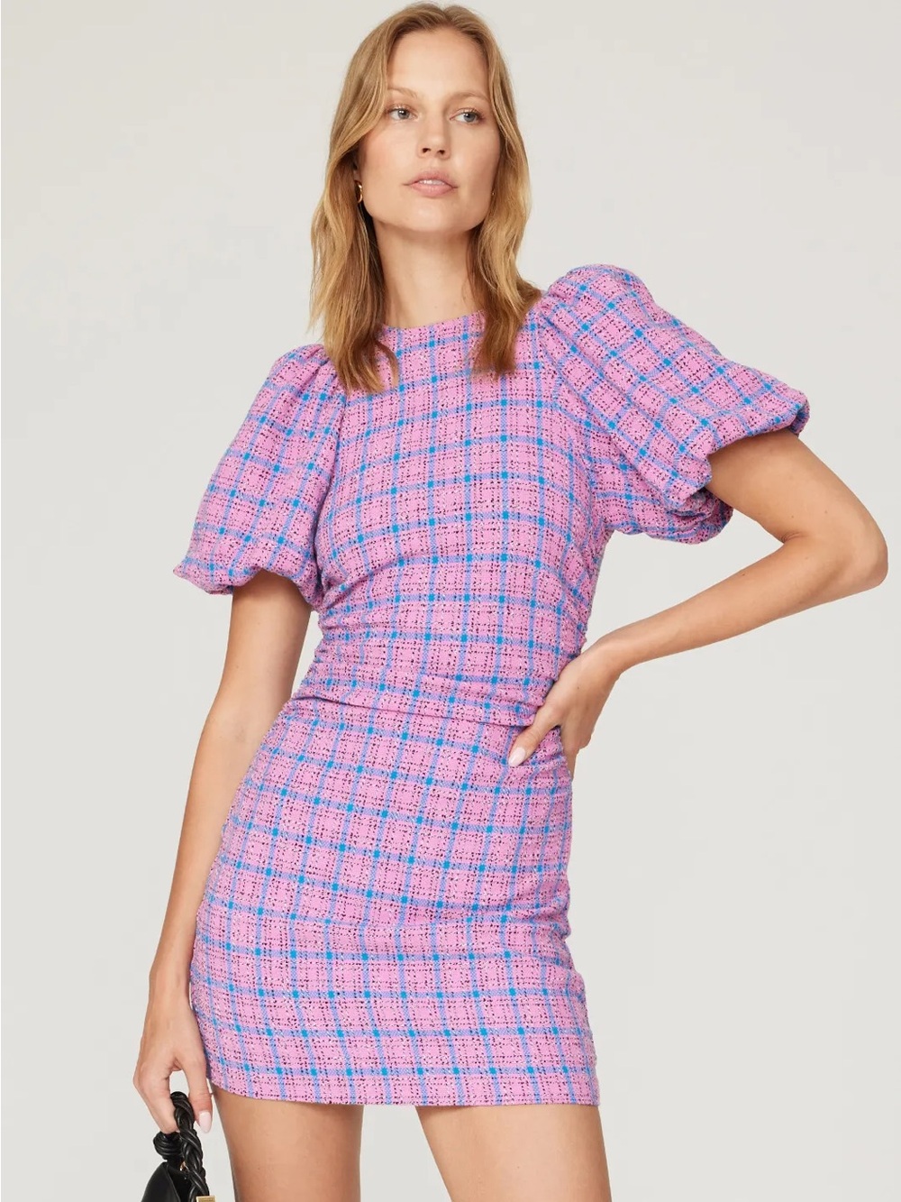Ganni Wild Orchid Pink & Blue Plaid Puff‎ Sleeve Mini Women's Dress UK 36/US 6